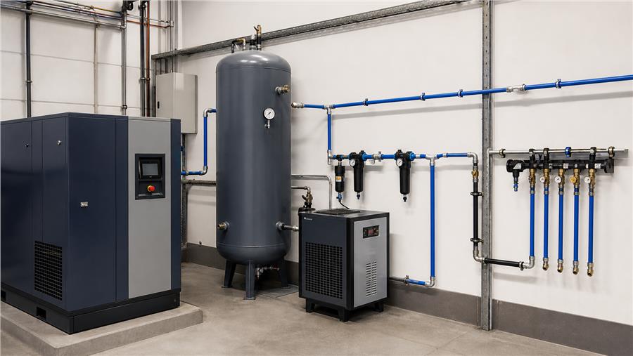 Sala técnica con equipos a presión, compresor, depósito y tuberías