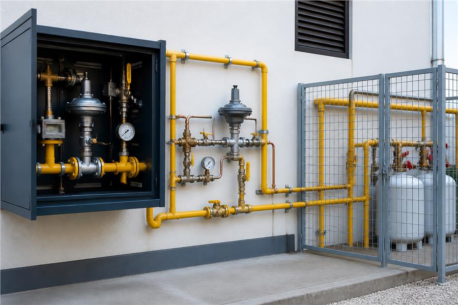 Instalación técnica de gas y GLP con tuberías y válvulas